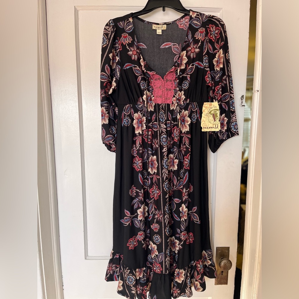 ONE WORLD Black and Pink Floral Midi Dress